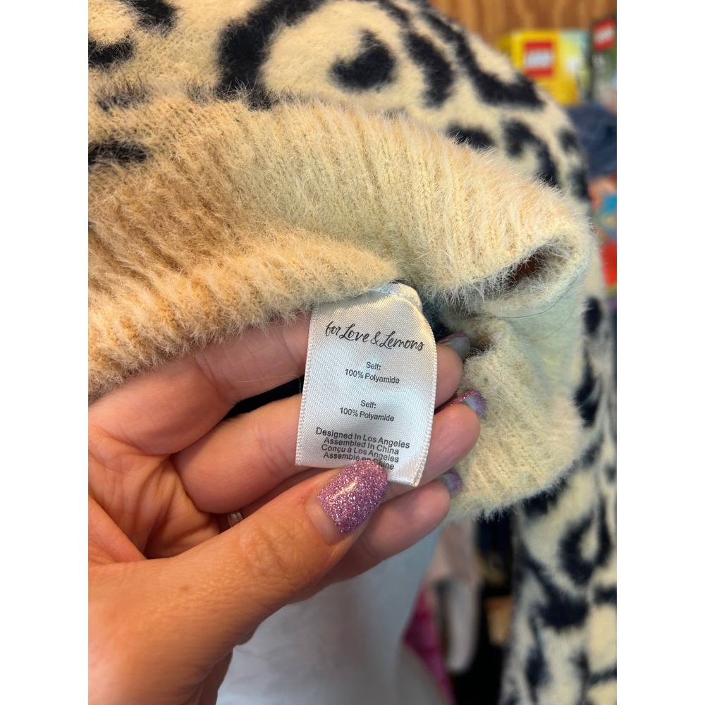 For Love & Lemons Leopard Print Fuzzy Cardigan Sweater Yellow Black Defect XL - Picture 10 of 11